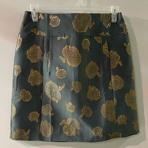 Beautiful Ann Taylor floral jacquard teal green & gold skirt.